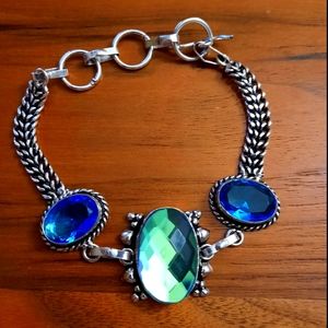Glass gemstone silver tone bracelet